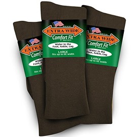 Extra Wide Lightweight Cotton Crew Comfort Fit Dress Socks (Pack of 3) Made in The USA (Brown - Large)