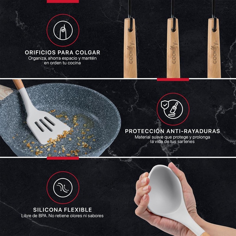 Cookify Juego de Utensilios de Cocina Silicona y Madera 12