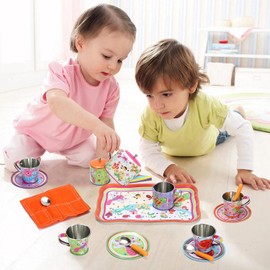 SOKA Bugs Metal Tin Teapot Set with Carry Case Toy for Kids - 18 Pcs Illustrated Colourful Design Toy Tea Party Set for Boys and Girls Pretend Role Play