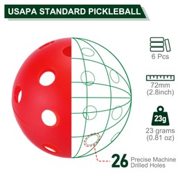PATIKIL Outdoor Pickleball Balls 26 Holes Pickleball 6 Pack Pickleball Balls for Amateurs Indoor and Outdoor Sport, Red