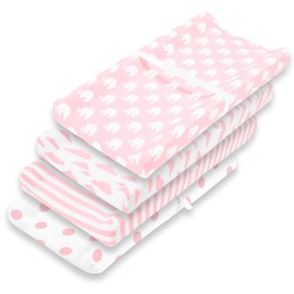 Paquete de 4 fundas para cambiador de pañales para niña, lavable a máquina, color rosa y blanco, para cambiador de pañales