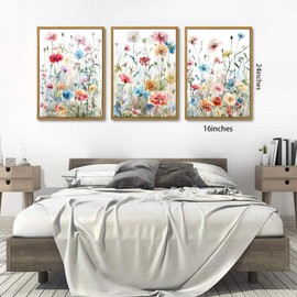 KISSFOX Framed Colorful Wildflower Canvas Wall Art Set Of 3 Flowers Pictures Prints Flowers Printing Floral Watercolors Flower wall Decor Living Room Girls Bedroom Bathroom