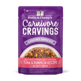 Stella & Chewy’s Carnivore Cravings Savory Shreds Wet Cat Food Pouches – Grain Free, Protein Rich Meal, Topper or Treat – Tuna & Pumpkin Recipe (2.8 Ounce Pouches, Case of 12)