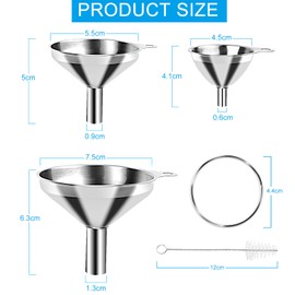 MXTIMWAN 3 Piece Stainless Steel Funnel Set, Stainless Steel Stackable Small Funnel with 2 Cleaning Brushes & Handle, Hip Flask Mini Funnel for Transferring Liquids, Cooking Oils and Powders