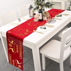 Christmas Table Runners Linen Red Table Runner Tablecloth with Reindeer Patterns Washable Table Lines for Christmas Dining Table Decorations, 11x108Inches(Elk)