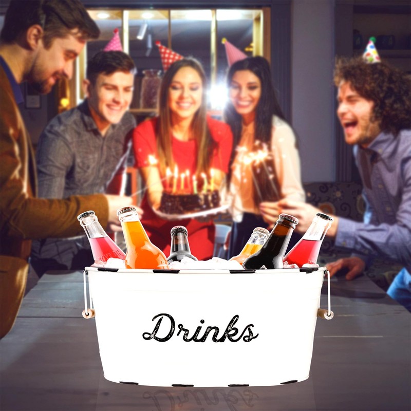 AuldHome White Enamelware Drinks Tub; Rustic Metal Beverage Serving Container