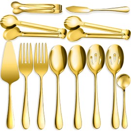 IAXSEE 12 PCS Stainless Steel Serving Utensils, Large Spoons Slotted Spoons Forks Tongs, Ice Suger Tongs, Pie Server, Butter Knife, Coffee Spoons, Great for Buffet Catering Banquet Party, Gold