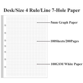 A5 Grid Refill Paper, 7-Hole Graph Paper, 100Sheets / 200Pages Loose-Leaf Grid Paper, 100gsm White Paper, 5.8" x 8.3 "
