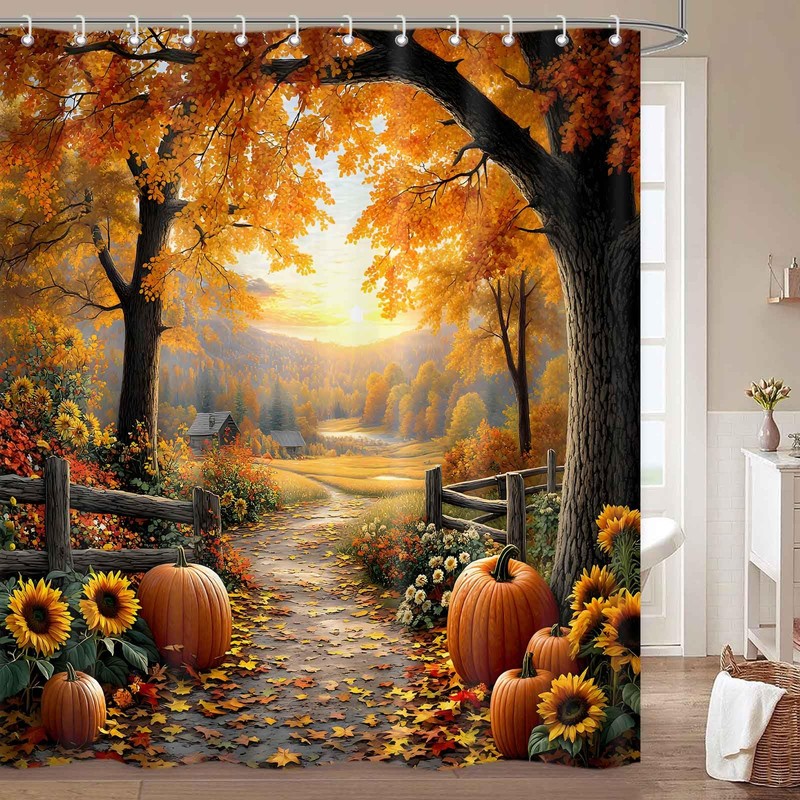 Fall Shower Curtains for Bathroom, Pathway in The Woods Autumn