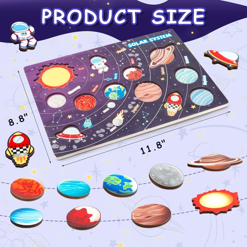 Wooden Solar System Puzzle for Kids, Montessori Toys Movable Planets