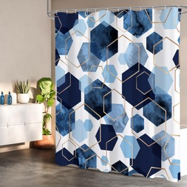 Litabel Modern Extra Long Shower Curtain for Bathroom, Blue Geometric Art Decor Waterproof Bath Curtain, Abstract Fabric Shower Curtain Sets for Home Decor, 72x84 Inch