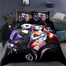 Ankeyoo Nightmare Christmas Bedding Set Valentine's Day Decor Gifts Present Jack Skellington Sally Bed Comforter Cover 1PC Duvet Cover with 2PCS Pillowcases (King (U.S. Standard))