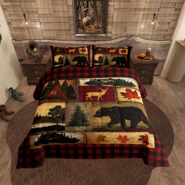 Erosebridal Rustic Comforter Set King, Farmhouse Deer Bear Cabin Plaid Christmas Bedding, Country Western Bedding Set, Woodland RV Duvet Insert, Maple Leaf Lodge Quilt Comforter, Burgundy Red Brown