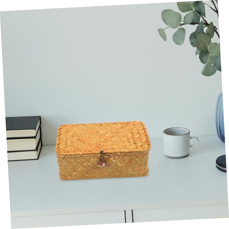 ABOOFAN Straw Woven Basket with Lid Small Sundries Storage Box