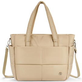 BOSTANTEN Puffer Tote Bag for Women Travel Tote with Trolley Sleeve Large Quilted 15.6 Inch Laptop Shoulder Bag - Color: Khaki