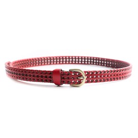 ECHAIN Women Braided Woven Genuine Leather Narrow Belt 25mm Wide (Red, waist:29-34)