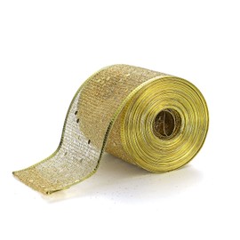Christmas Brilliant Glitter Mesh Ribbon for Gift Wrapping Christmas Tree Wreath DIY Crafts, Gold Wired Edge Metallic Mesh Ribbons for Home Farmhouse Party Decoration, 2.5" x 10 Yards x 1 Roll (Gold)