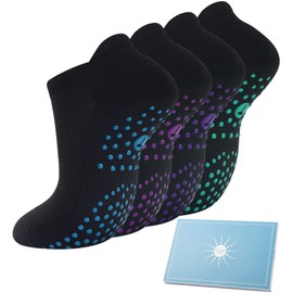 4 Pairs Grip Yoga Socks Women, Non Slip Pilates Trainer Socks Trampoline Barre Ankle Socks for Ladies and Girls for Home Exercise Hospital Black 6-8