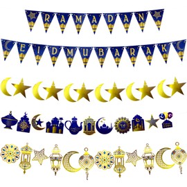 5 Pcs Ramadan Eid Mubarak Banners Ramadan Mubarak Party Decoration Supplies for Home Gold and Blue Eid Mubarak Decorations Eid al-Fitr Party Decorations (Moon)
