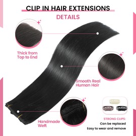 CWRDK Clip in Hair Extensions Real Human Hair,100% Brazilian Remy Human Hair Clip ins for Women, Straight Seamless Double Weft Hair Extensions, Invisible 8pcs, 14 Inch 80g, #1 Jet Black