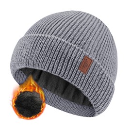 JFAN Beanie Hat Men's Winter Unisex Winter Hat Knitted Hat with Thick Warm Lining Stretchy Soft Classic Wool Hat Warm Fleece Running Hat Beanie Women for Winter and Autumn, gray