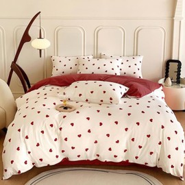 Freyamy Bed Linen, 220 x 240 cm, 3-Piece White and Red Hearts, Girl’s Bedding Sets, Romantic Love Bed Linen, 100% Microfibre, Love Motif Duvet Cover with Zip and 2 Pillowcases, 80 x 80 cm