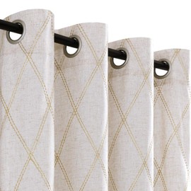 jinchan Linen Textured Curtains for Living Room Long Embroidered Design Window Curtains Privacy Flax Linen Look Window Treatment Set for Bedroom Grommet Top 2 Panels 63" Gold