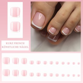 Pack of 24 Toenails for Gluing, French Natural Square Short Toenail Tips with Glue, Full Cover Toenails for Gluing for Women (Pink French, 24 Pieces)