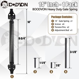 BOODVON 14" Gate Spring Self Closing Heavy Duty Door Springs to Close Door, Adjustable Tensioner Automatic Gate Closure, Gate Spring for Wooden Gate, Vinyl Fence, Steel Door(Black, 1 Pack)