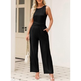 Happy Sailed Black Jumpsuit for Women Stretchy Sleeveless Crewneck One Piece Jumpsuits Summer Criss Cross Wide Leg Long Pants Romper with Pockets Black Medium