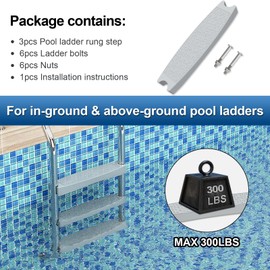 Goovilla Pool Ladder Steps Replacement, (3-Pack) 18" Universal Heavy-Duty Molded Plastic Swimming Pool Ladder Rung Step with 6 PCS Stainless Steel Bolts for Inground and Above Ground Pools, Grey