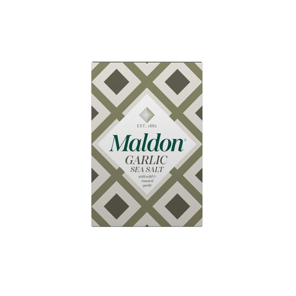 Maldon Garlic Sea Salt Flakes, blended with Wild and Roasted Garlic - Take simple dishes to the next level - Fantastic Flavour - Unique Pyramid-Shaped Sea Salt Flakes- 100g Box