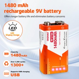 OHZHAO 4 Pack Upgrade 1480mAh Rechargeable 9V Batteries, Long Lasting 9V Battery with LED Display, USB-C Recharge with Charging Cable for Smoke Alarms,Multimeters,Microphones,Walkie-Talkie,Toys