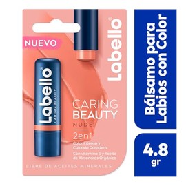 LABELLO Bálsamo Labial Caring Beauty Nude (4.8 g), Color Intenso y Cuidado Duradero con Vitamina E y Aceite de Almendras Orgánico