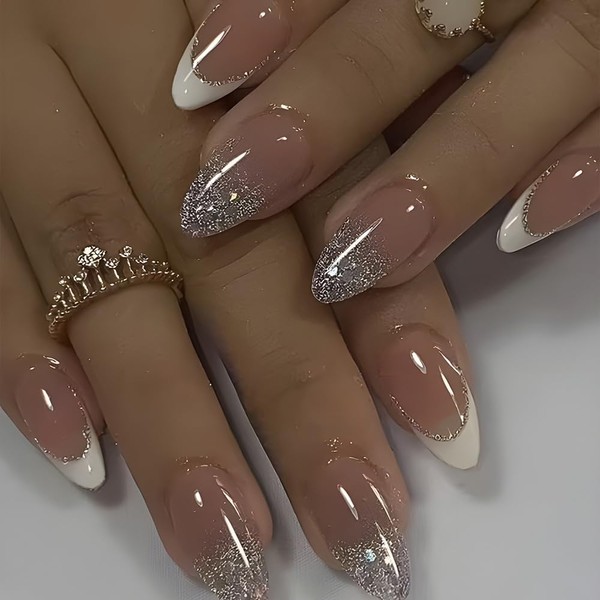 Auiremrti 24 Stück Weiße French Tip Press-on-Nägel mit Glitzer-Designs, mittelgroße