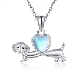ONEFINITY Dachshund Necklace 925 Sterling Silver Dachshund Heart Moonstone Pendant Necklace Cute Dog Jewellery for Women