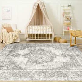 Area Rug 4x6 Vintage Rug: Washable Indoor Medallion Rug Low Pile Distressed Floor Carpet Retro Accent Rug for Living Room Bedroom Kitchen Dining Table Home Office(Grey, 4'x6')