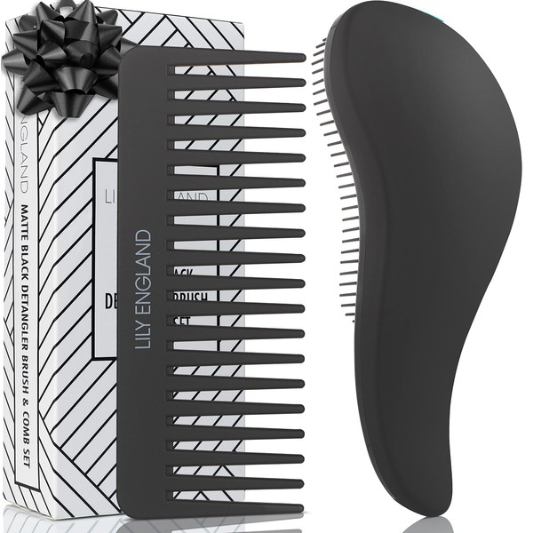 Detangling Brush and Wide Tooth Comb Set - Lightweight Hair Brush and Comb for Women and Kids Easy to Hold Hairbrush for Wet or Dry, Fine, Curly, Thick, Afro Hair by Lily England (Black)