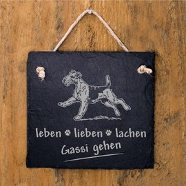 Airedale Terrier Sign Life, Love, Laughter - Gassi gehen - Slate 11 x 11 cm