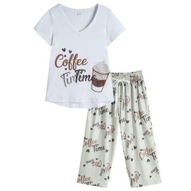 YIJIU Women's Pajama Set V Neck Short Sleeves Top with Capri Pants Sleepwear 2 Piece Lounge Set,White,3X-Large