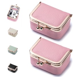 2-Pack Genuine Leather Mini Coin Purse Jewelry Box & Travel Case - Assemble Portable Small Leather Organizer with Coin Pouch, Tiny Compact Design for Women Travel (Pink, 2.55" Long)