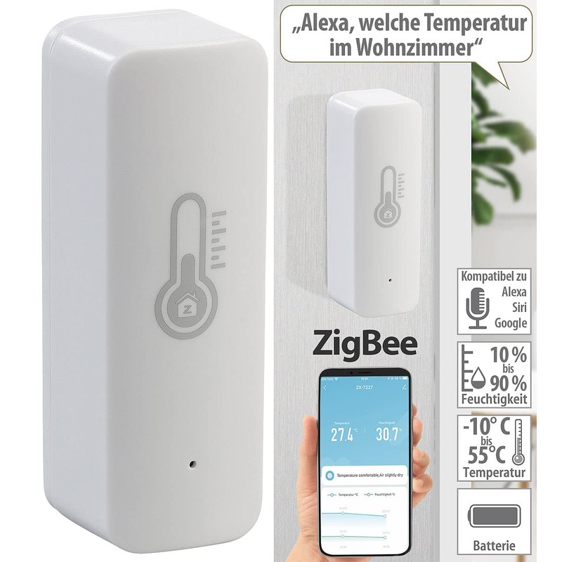 Luminea Home Control ZigBee Thermometer: ZigBee-Temperatur- & Luftfeuchtigkeits-Sensor mit App,