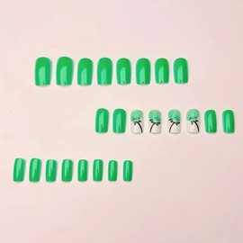 Green Dandelion Fake Nails Press On Nails Short Square,Glossy with Designs Full Cover Acrylic Glue on Nails False Nails Thick French Tip Stick on Nails for Women 24Pcs CW475