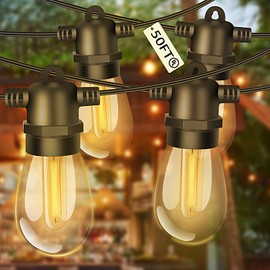 Licoopr LED Outdoor String Lights Waterproof, 50FT Patio Lights Outdoor Waterproof with 15+1 Edison Bulbs, Outside Christmas Hanging Decorative Lights for Porch, Balcony, Backyard, Garden, 2700K