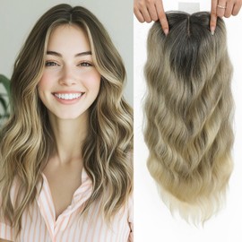 Lasunork Hair Toppers for Women Wavy Curly Hair Topper Hand-Tied Lace Clip in Fringe (Ombre Light Brown to Blonde)