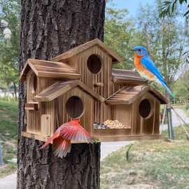 Puyikes Bird House for Outside 5 Hole Bird Houses Room for 5 Bird Families Large Bird House for Garden/Courtyard/Backyard for Garden Decor-Finch Bluebird Cardinals Handmade Wooden Hummingbird House