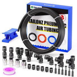 TAILONZ PNEUMATIC Black 1/2 Inch OD 10 Meter 32.8ft PU Polyurethane Air Tubing Kit Pipe Hose Air Line Tubing Air Hose Fittings Push to Connect Fittings(27PCS)
