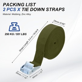 PATIKIL 1" x 18 ft Lashing Strap with Buckles, 2 Pcs Cam Buckle Tie Down Straps Adjustable Heavy Duty Secure Cinch Straps Up to 551 lbs for Cargo Kayak Bicycles, Army Green