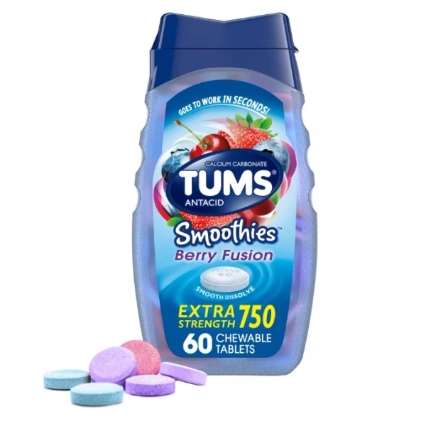 Tums Smoothies Strength Heartburn Relief Chewable Tablets Berry Fusion, 60