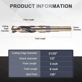 uxcell 3Pcs 21/32" Drill Bit 1/2" Reduced Shank M35 Cobalt 5% High-Speed Steel Twist Black and Gold Finish 135° Drill for High Hardness Materials
